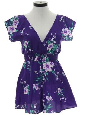 Vintage 80s Purple Hawaiian Floral Romper Sunsuit Womens Small